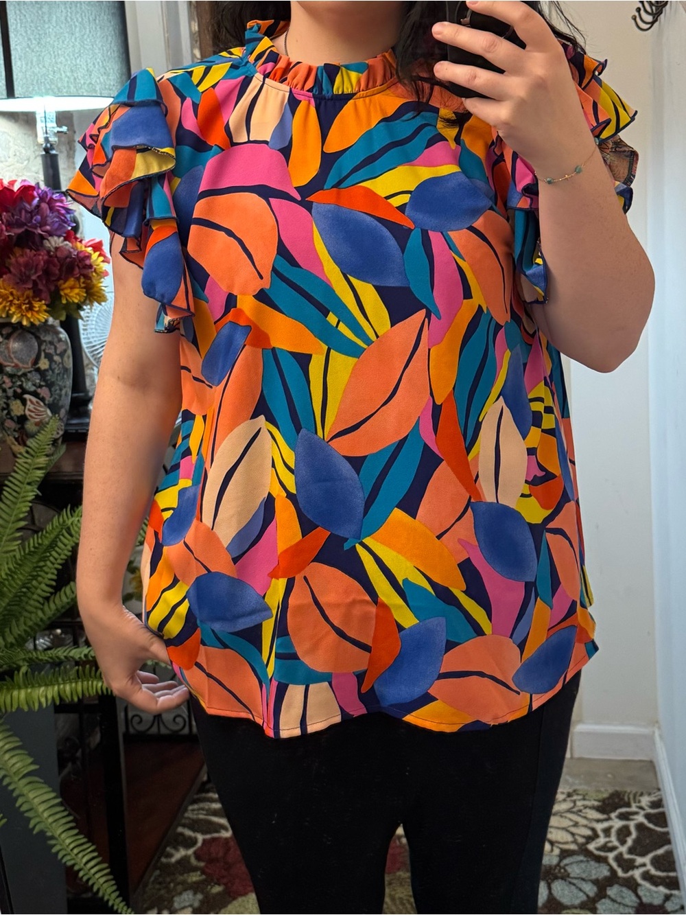 Tropical Leaf Print Mock Neck Flutter Sleeve Women’s Top